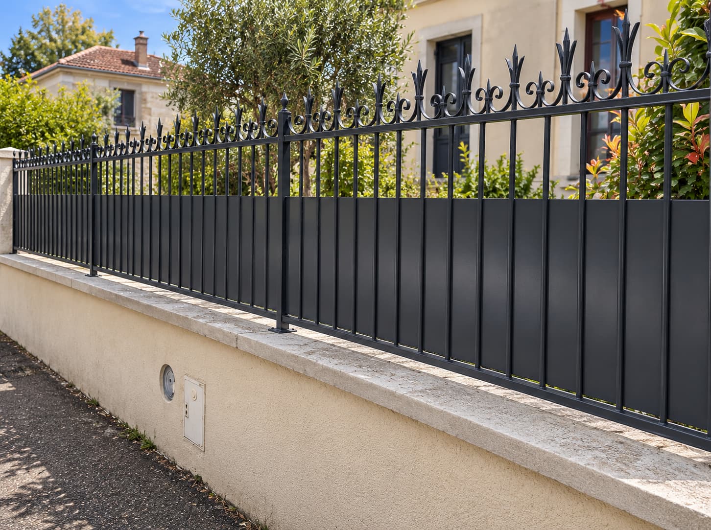 Exemple de clôture métallique occultante sur un mur maçonné avec partie haute décorative