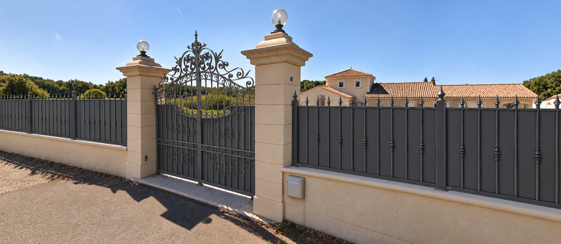 Exemple de grille de clôture en fer forgé noir posée sur un muret maçonné