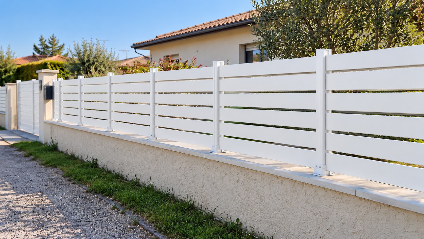 Exemple de cl&ocirc;ture aluminium contemporaine pos&eacute;e sur un mur existant