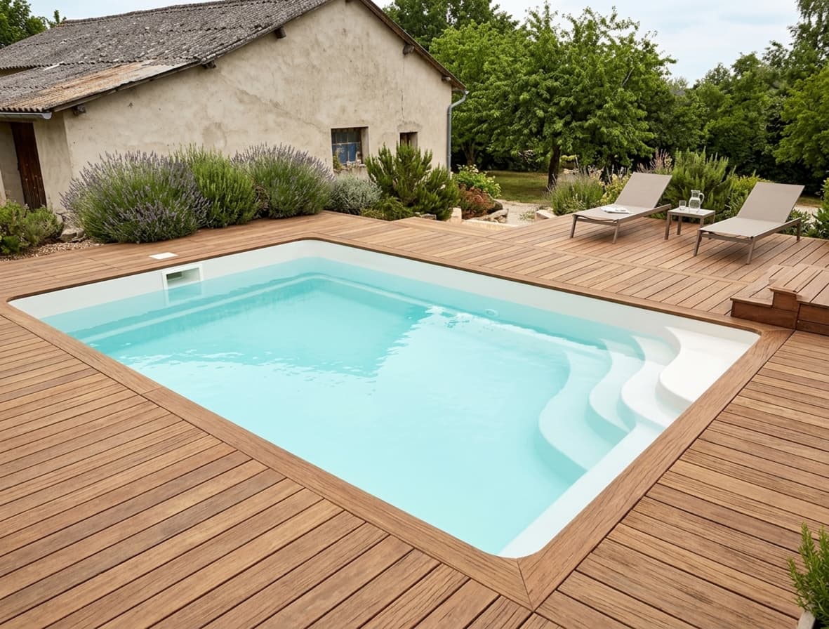 Terrasse et margelles autour d'une piscine coque