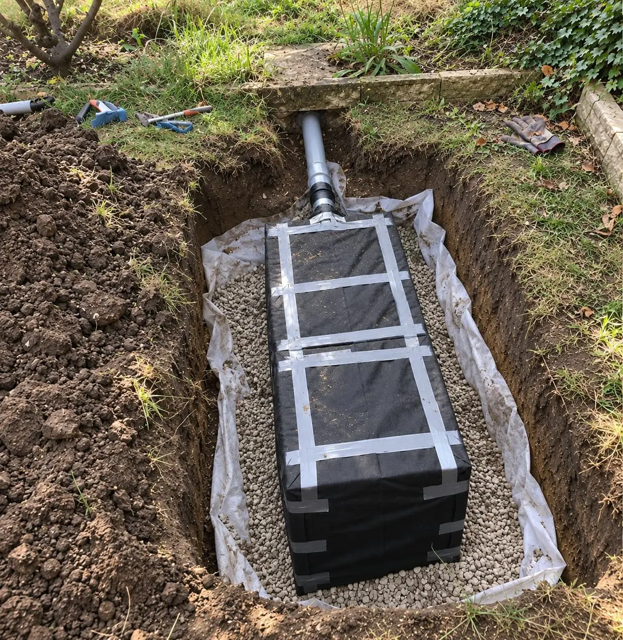 Pose de caissons d'infiltration pour la gestion des eaux pluviales