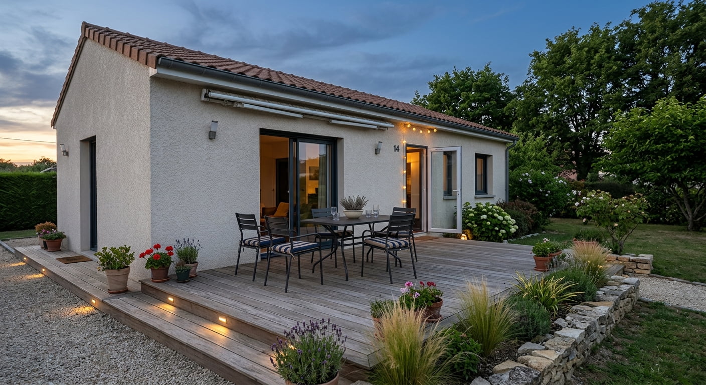 Terrasse extérieure en carrelage et dalles sur plots